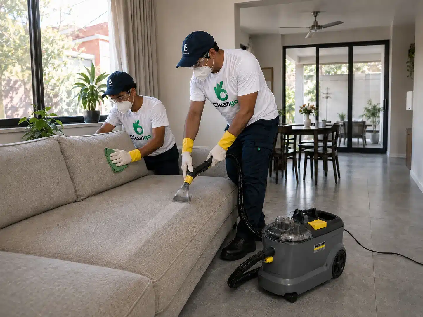 Técnico limpiando un sofá con equipo profesional